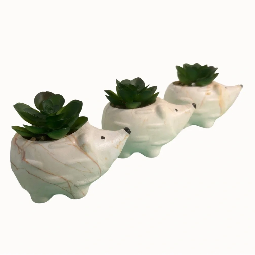 Set of Three Clay Hedgehogs with Faux Succulent